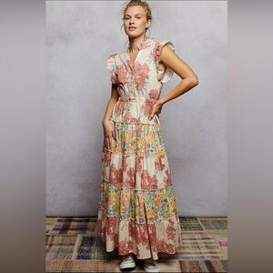 POL drawstring v neck floral button cotton boho western ruffle sleeve maxi dress
